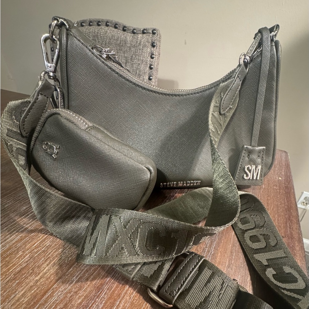 Olive green Steve Madden shoulder bag with logo strap and matching mini pouch